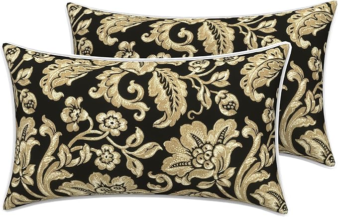 LVTXIII 2 Pack Outdoor Lumbar Pillow Covers 12x20 Inch with Piping, Water-Repellent Back Cushion Covers ONLY for Patio Furniture, Sofa, Garden Bench, Jacobean Black