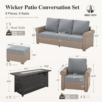 HERA'S HOUSE Patio Furniture Set, 4 x Cushioned Chairs, 3-Seat Sofa with Wood Grain Coffee Table, 5 Seats Luxury Windsor Style All Weahter Outdoor Sofa Conversation Set for Deck Lawn Backyard