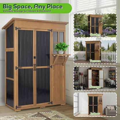 Large Outdoor Storage Cabinet Waterproof with Shelves, Outside Storage Shed Tall Backyard Cabinet with Fold-Out Table for Patio, Garage, Garden, Pool Accessories Storage, Black, 70.5"H x 51"L