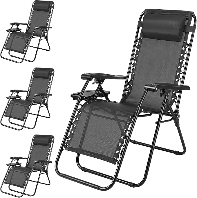 Zero Gravity Chairs Set of 4, Outdoor Folding Lounge Chairs | Foldable Reclining Patio Lawn Chairs with Mesh Back, Adjustable Pillows and Cup Holder Trays, for Pool, Beach, Backyard