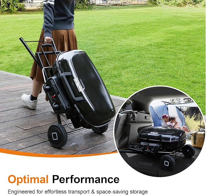 Brand-Man Portable Propane Gas Grill with Folding Cart and Push-Button Ignition, Standup Design for Camping, Tailgating, Backyard BBQ, Patio, Outdoor Cooking (Black)