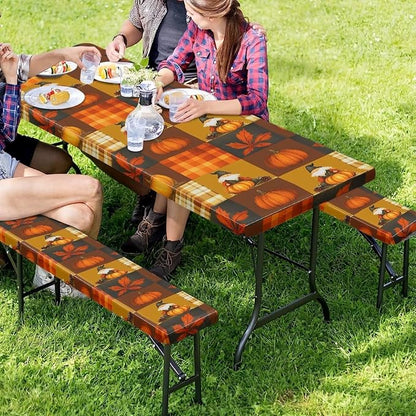 Elastic Fitted Table Cloth for Camping Party Fall Print Picnic Table Cover with Bench Covers 3 PCS for Outdoors