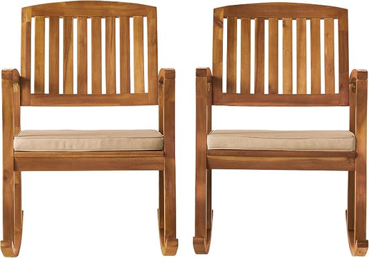 Christopher Knight Home Selma Acacia Rocking Chairs with Cushions, 2-Pcs Set, Teak Finish