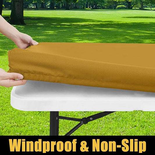 Smiry Rectangle Picnic Table Cloth, Waterproof Elastic Fitted Tablecloths for 8 Foot Tables, Washable Polyester Table Cover for Camping, Indoor and Outdoor (Camel, 30"x96")