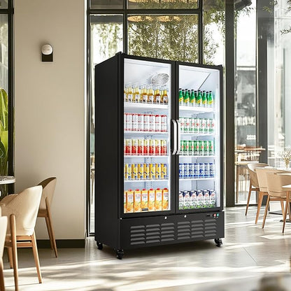 BODEGACOOLER Commercial Merchandiser Refrigerator, 36.8 Cu.Ft Double Glass Door Beverage Cooler, Upright Display Refrigerator with Soft LED Light, Adjustable Shelves, 4 Heavy-Duty Casters, Black