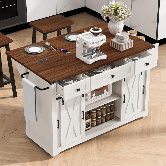 Bellemave 58" Farmhouse Kitchen Island cart with Charging Station and with Storage, Sliding Barn Door & Metal Grid Side Door, Rolling Kitchen Island Table with 5 Wheels with Spice Rack, White