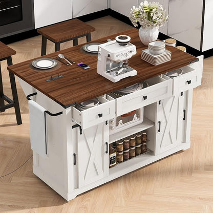Merax Farmhouse 58" Kitchen Island on 5 Wheels with Drop Leaf Table, White | Wood Kitchen Rolling Cart with Power Outlet & Glass Holders, Spice Rack & Sliding Barn Door, 3 Drawers & Cabinet