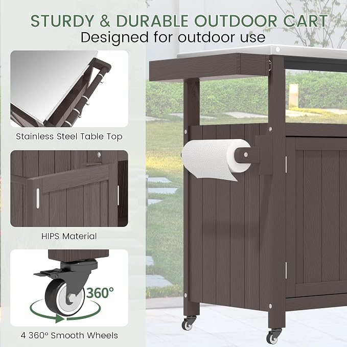 Weatherproof HIPS Outdoor Kitchen Island with Stainless Steel Top & Storage Cabinet, Movable Prep Table with Wheels for BBQ Food Prep, Outdoor Grill Cart for Parties, Cocoa Brown