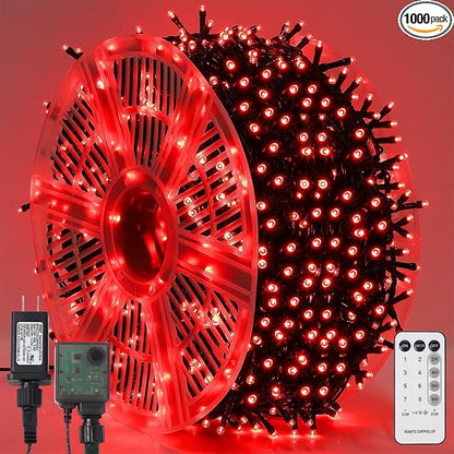 WATERGLIDE 1000 LED Valentines String Lights, 328 FT Green Wire LED Decorative Fairy Lights with Remote & 8 Modes, Waterproof for Outdoor Christmas Holiday Party Garden Wedding Home Decor, Red