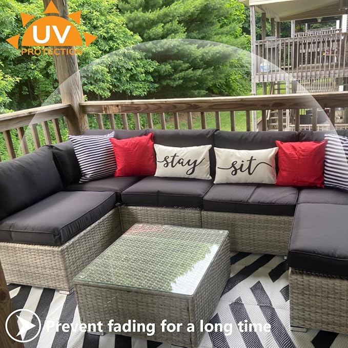 Outdoor Cushion Covers Replacement 14 Pcs, Black | Patio Cushion Covers fit for 7Pieces 6-Seater Wicker Rattan Sectional Couch Sofa Outdoor Cushion Slipcovers Set