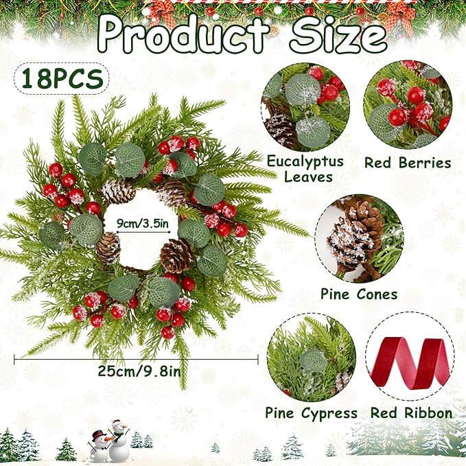 Waipfaru 18 Pcs Small Christmas Wreath, Mini Wreaths for Cabinets, Christmas Wreaths for Windows Kitchen Front Door Candle Rings Fireplaces Table Centerpiece Indoor Outdoor Decorations