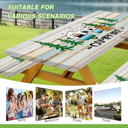 JAWO Rustic Camper Picnic Table Cover with Bench Covers, Flowes Boho Floral Camping RV Essentials Gear Supplies Outdoor Waterproof Windproof Tablecloth with Elastic, 60in