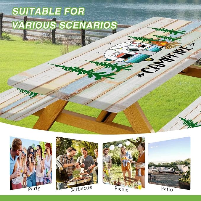 JAWO Rustic Camper Picnic Table Cover with Bench Covers, Flowes Boho Floral Camping RV Essentials Gear Supplies Outdoor Waterproof Windproof Tablecloth with Elastic, 96in