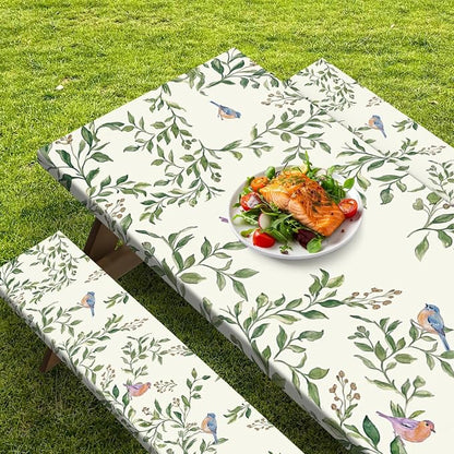 Picnic Table Cover with Bench Covers, Botanical Bird, 3PCS, 72 Inch | Camper Fitted Tablecloth with Bench Elastic Edges Waterproof Essentials with Drawstring Bag