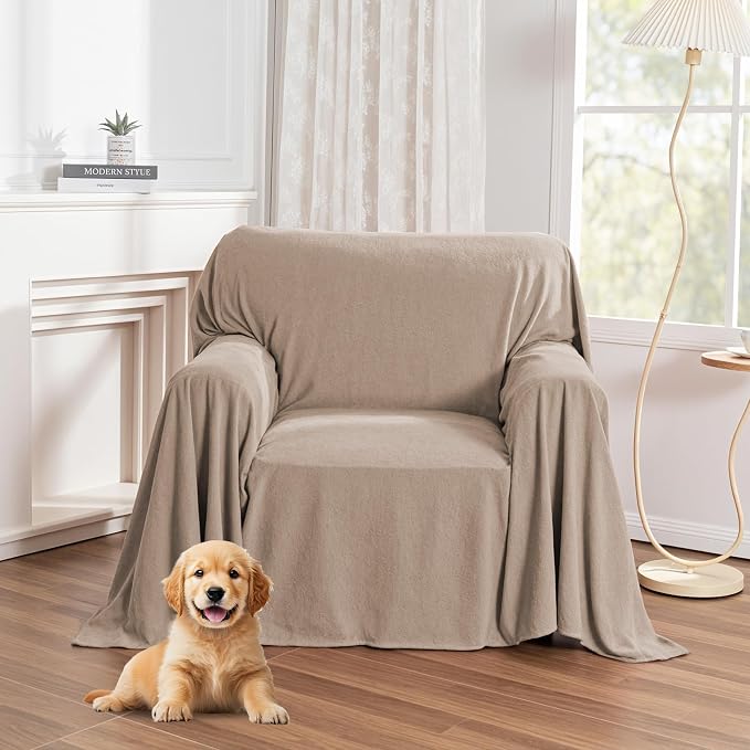 MYSKY HOME Armchair Couch Cover, Sofa Covers Washable Couch Covers for Dogs Sofa Cover Sofa Slipcovers Non Slip Furniture Protector Cover, Soft Thick Sofa Throws, 71" x 91", Khaki