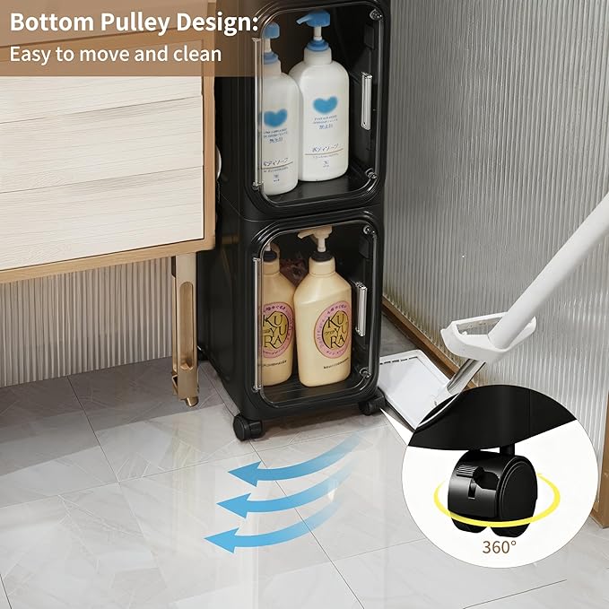 LXLXXL 4-Tier Narrow Storage Cabinet Slim Bathroom Storage Cabinet with Movable Wheels Tall Bathroom Organizer Skinny Cabinet for Small Spaces，Black