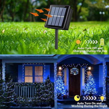 YEGUO 4 Pack Blue and White Solar Fairy Lights, Each 33ft 100 LED Christmas Lights Outdoor Waterproof, 8 Modes Sliver Wire Solar String Lights
