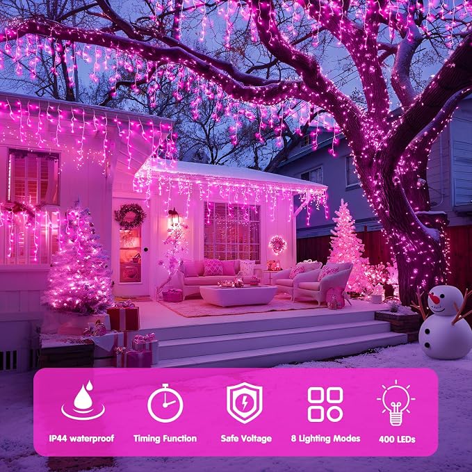 JMEXSUSS 400 LED Pink Christmas Icicle Lights | Connectable Pink Christmas Lights Indoor Outdoor with Remote, Icicle String Light for Room Fireplace Garden Eave Decorations