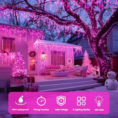 JMEXSUSS 400 LED Pink Christmas Icicle Lights | Connectable Pink Christmas Lights Indoor Outdoor with Remote, Icicle String Light for Room Fireplace Garden Eave Decorations