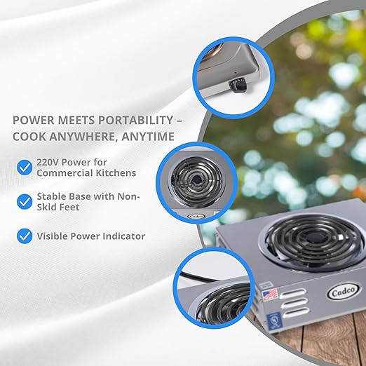 Cadco CSR-3T 14" Electric Portable Countertop Hi-Power Hot Plate with One Tubular Burner, Stainless Steel, 220 Volts