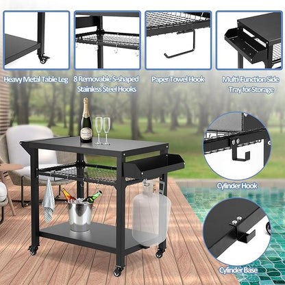 Spurgehom Grill Cart, Pizza Oven Stand Table with Wheels, Outdoor Movable Kitchen Cooking Prep Table BBQ Cart with Mesh Racks for Home Party, Bar, Camping