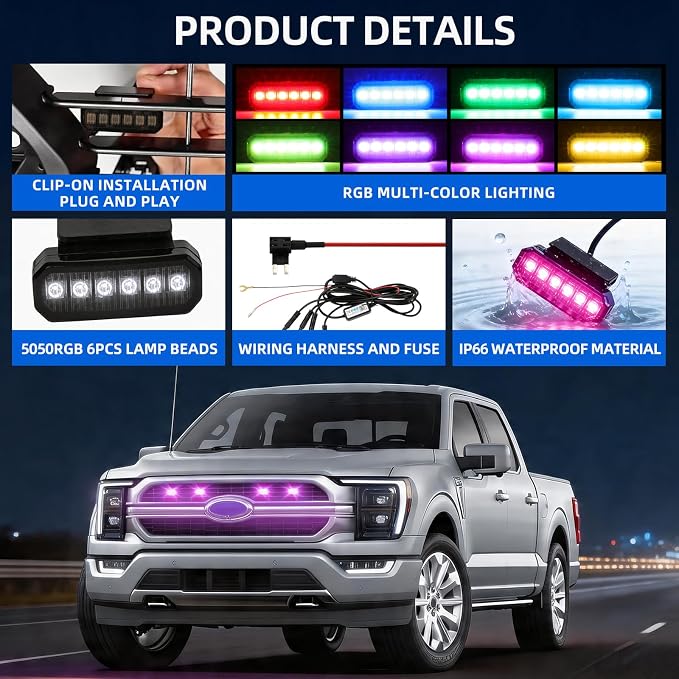 DREAMOTOR 4PCS LED Grille Lights Universal Car Front Grill RGB Lights | with APP Control Compatible With Dodge Ram 1500 Ford F150 GMC Sierra 1500 Chevy Silverado 1500 Jeep Wrangler Raptor