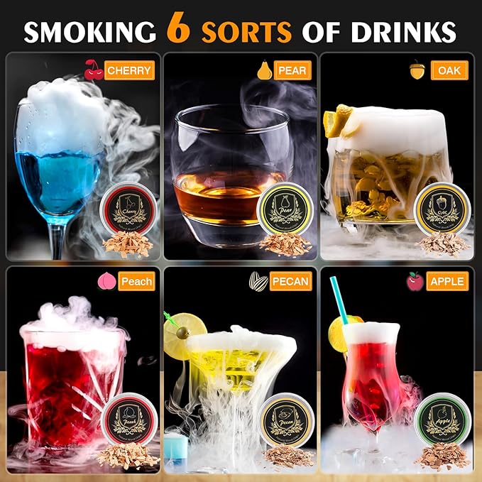 Whiskey Cocktail Smoker Kit with Torch, 6 Flavors Wood Chips, 2 Whiskey Glasses, 2 Ice Ball Molds, Bourbon Old Fashioned Drink Smoker Kit, Gifts for Men, Dad, Husband, Boyfriend(No Butane)