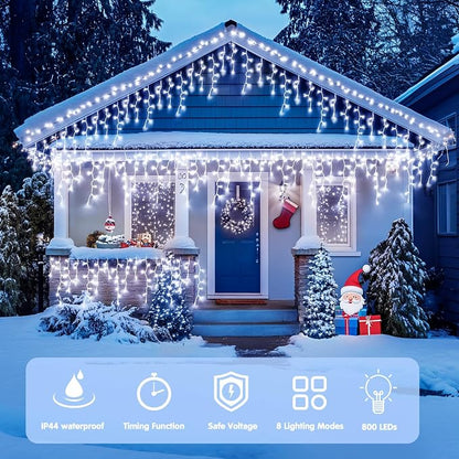 JMEXSUSS Christmas Icicle Lights for Outside, 800 LED White | Icicle Lights Plug in Outdoor Waterproof, Christmas String Lights for House Wedding Party Christmas Decorations