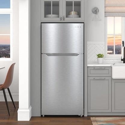 KoolMore 28 Inch 14 Cu Ft Top Freezer Refrigerator, Stainless Steel, Freestanding Full Size Fridge Freezer for Home Kitchen or Garage