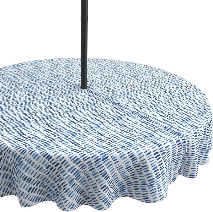LVTXIII Outdoor Tablecloth with Umbrella Hole and Zipper, 60 Inch Water-Repellent Patio Table Cloth, Round Table Covers for Backyard Garden, Pebble Blue