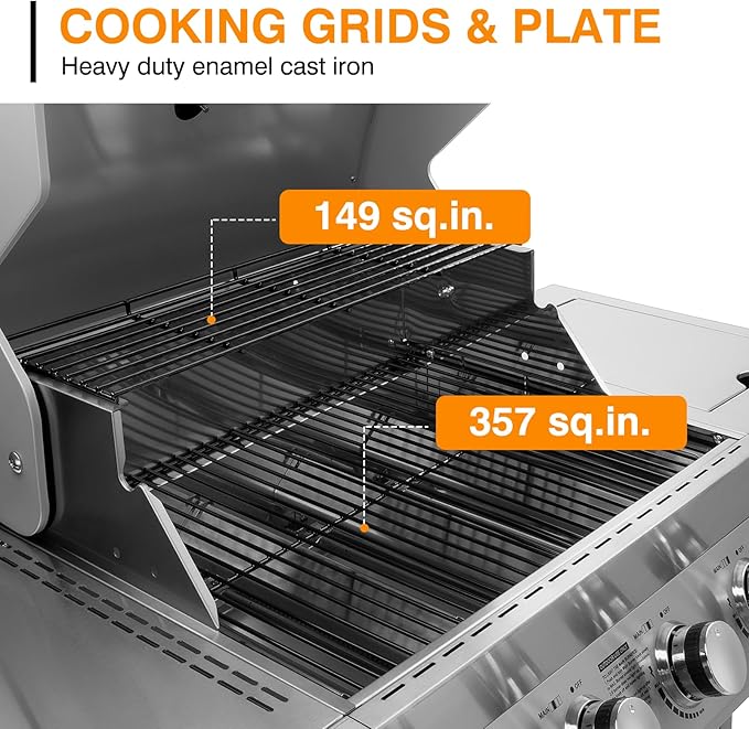 4 Burner Propane BBQ Grill with Side Burner, Stainless Steel Gas Grill with Built-in thermometer, 58,000 BTUs Output for Outdoor Cooking and Patio Backyard Barbecue