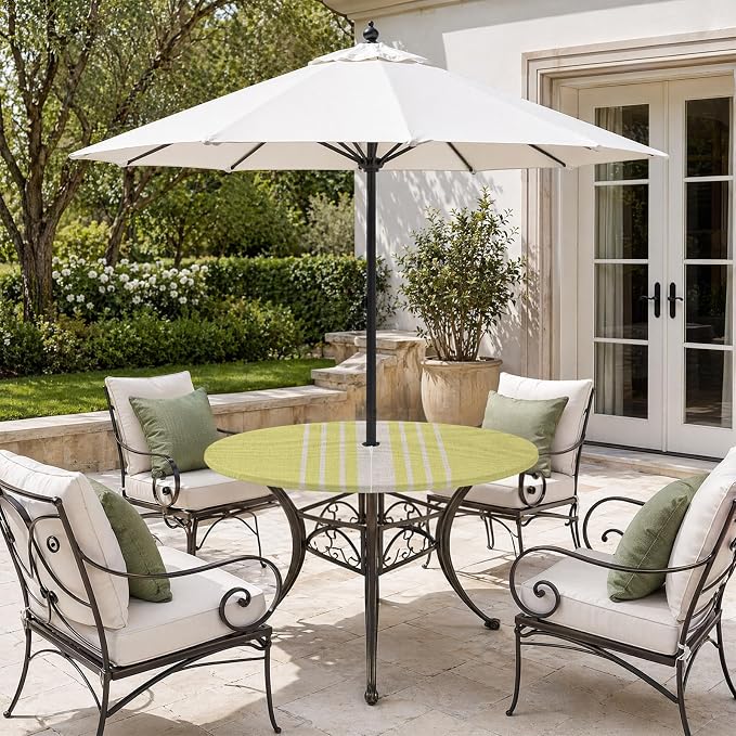Outdoor Fitted Tablecloth with Umbrella Hole and Zipper, Yellow Beige Striped Elastic Round Patio Table Cover, Farmhouse Retro Lines Modern Windproof Table Protector for Backyard BBQ Party 55''-60''