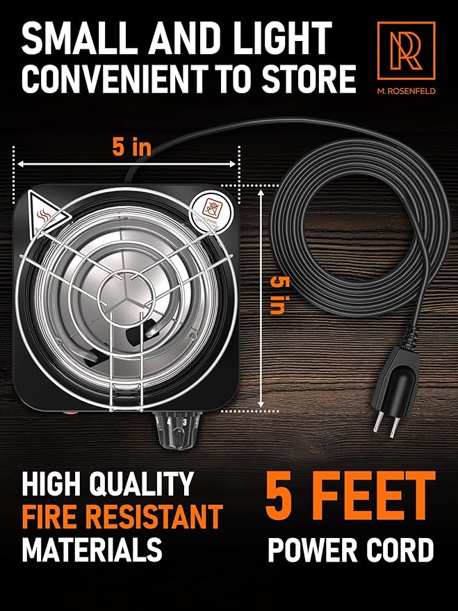 M. ROSENFELD Hookah Coal Burner 500W with Grid - Coal Burner for Hooka Cubes Black Heat Hookah Charcoal Burner Electric for Shisha with Grill & Free Hooka Tongs Hooka Stove - 304 Stainless Steel