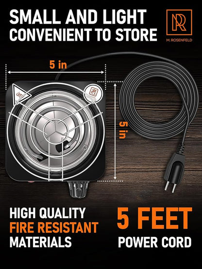 M. ROSENFELD Hookah Coal Burner 500W with Grid - Coal Burner for Hooka Cubes Black Heat Hookah Charcoal Burner Electric for Shisha with Grill & Free Hooka Tongs Hooka Stove - 304 Stainless Steel