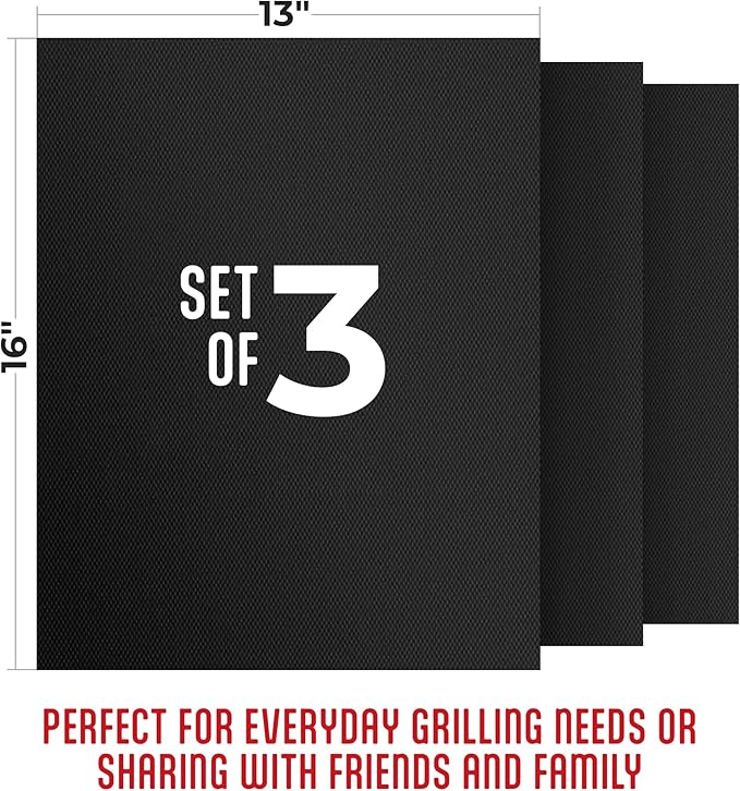 Kaluns Grill Mats For Outdoor Grill, Non Stick Grill Mat Reusable Mats for Gas, Charcoal, Electric Grills Set of 3 PTFE Teflon Barbeque Accessories - 16 x13 Inch