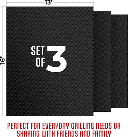 Kaluns Grill Mats For Outdoor Grill, Non Stick Grill Mat Reusable Mats for Gas, Charcoal, Electric Grills Set of 3 PTFE Teflon Barbeque Accessories - 16 x13 Inch