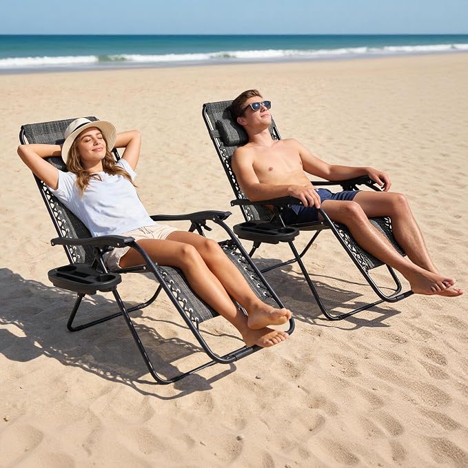 Zero Gravity Chair Set of 4 Oversized Folding Recliner, Padded Anti Gravity Lounge Chair with Adjustable Pillow & Cup Holder for Outdoor Camping, Patio, Poolside, Lawn (Gray)