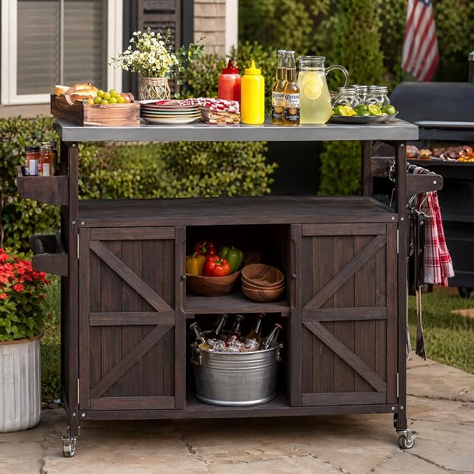 MEETFFAV 50.25" W Grill Cart with Stainless Steel Tabletop, Brown F | Fir Wood Bar Patio Kitchen Island with Ample Storage and Lockable Wheels, Outdoor Storage Cabinet for BBQ Grill