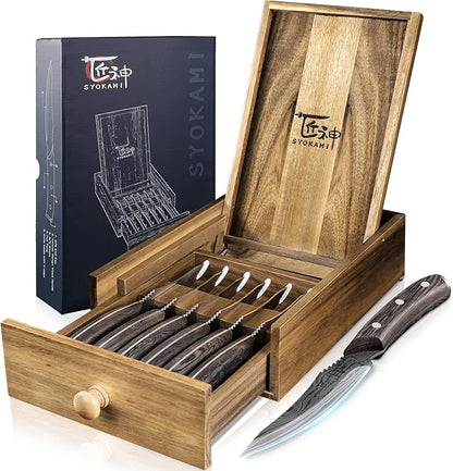 SYOKAMI Steak Knives Set of 6 with Drawer Organizer, 4.8 Inch High Carbon Japanese Style Non Serrated Meat Knife with Wood Handle, Damascus Pattern Full Tang Design, Razor-Sharp Dinner Knives