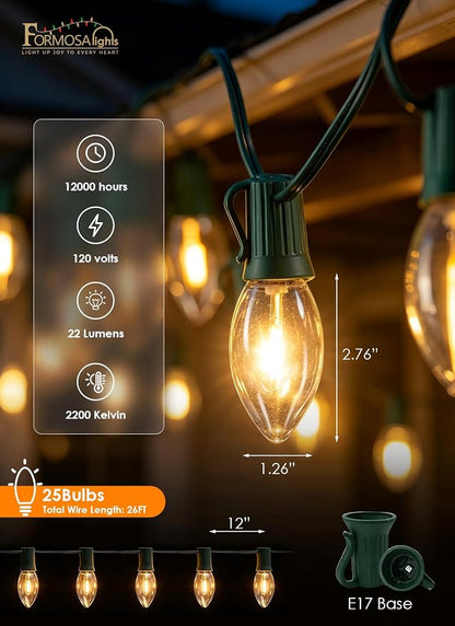 Formosa 26FT Upgraded Version C9 Christmas String Lights,Clear Incandescent String Lights for Indoor Use, for Xmas Tree, Holiday Party Decor, String Lights for Bedroom，UL Listed, Commercial Grade