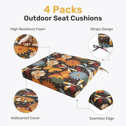 UNIKOME Outdoor Chair Cushions Pack of 4, Water Resistant Patio Cushions with Ties, High Density Sponge Filling Square Corner Seat Cushions for Outdoor Furniture, 18.5"*16"*3", Flower