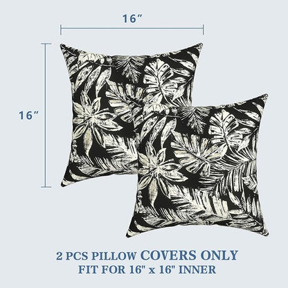 LVTXIII 2 Pack Outdoor Throw Pillow Covers for Patio Furniture, 16x16 Inch Square Pillow Case, Water-Repellent Cushion Covers for Garden, Porch, Sofa, Tropical Leaf Black