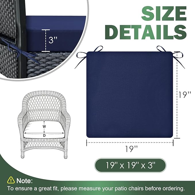 Outdoor Chair Cushions Set of 2, 19x19x3 Inch Waterproof & Fade Resistant Patio Furniture Seat Cushions with Ties, Square Outdoor Dining Chair Cushions for Lawn, Garden, Deck & Yard, Navy Blue