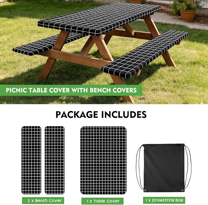Picnic Table Cover with Bench Covers, Waterproof Tablecloth Set, Black Grid | Fitted 6ft Tables, for Outdoor Camping, RV, Includes 1 Table Cover(30"x72"), 2 Bench Covers(72"x12"), Drawstring Storage Bag