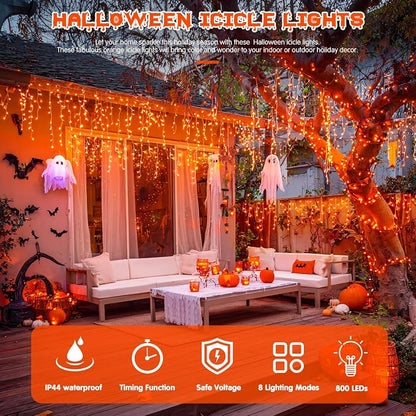 JMEXSUSS Orange Halloween Icicle Lights Outdoor, 800 LED Plug in | Waterproof, 8 Modes, Remote Control String Lights for Fireplace Eave Garden Patio Thanksgiving Fall Halloween Decor