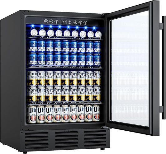 24 Inch Built-In Beverage Cooler for 182 Cans, Under Counter Beer Fridge with Tempered Glass Door & LED Lighting, Freestanding/Integrated Installation (Black)