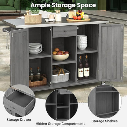 Outdoor Kitchen Island 52.25" W x 28.75" D x 36.25" H Solid Fir Wood with Stainless Steel Top Grey