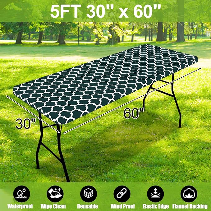 Smiry Picnic Fitted Table Cover, 5 Foot Flannel Backed Vinyl Tablecloth | Waterproof Elastic Stretch Table Cloth, Wipeable Plastic Tablecloth for Camping, Indoor & Outdoor (Hunter Green, 30" x 60")