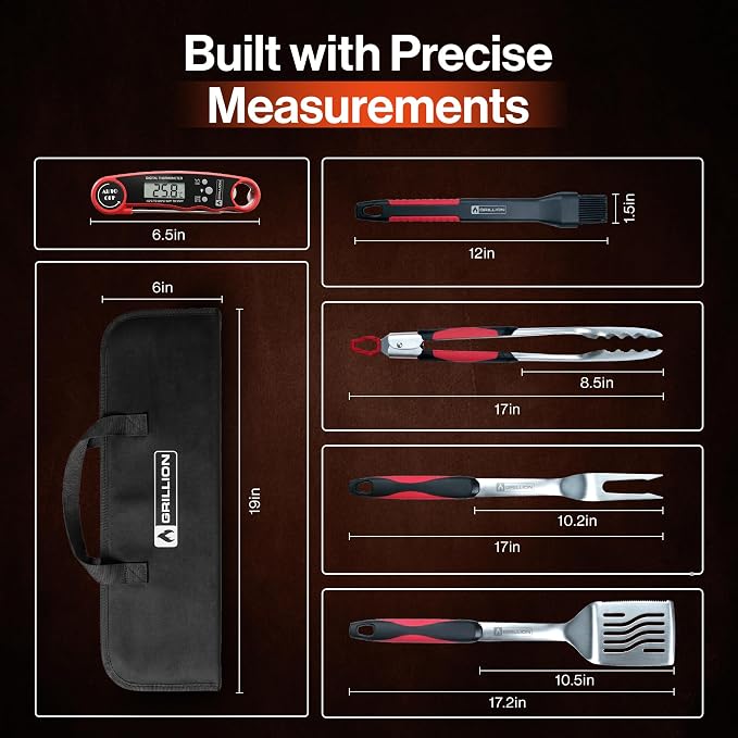 5PCS Grilling Tools for Outdoor Grills - Premium Grilling Utensil Set - Spatula, Tongs, Fork, Thermometer & Brush with Carrying Bag - BBQ Grill Sets for Men - BBQ Grill Accessories Gifts