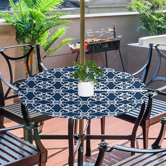 Navy Blue Mandala Outdoor Round Fitted Tablecloth with Umbrella Hole and Zipper, 45"-56" Elastic Patio Table Cloth Oil-Proof Waterproof Patio Table Cover for Picnic Party Camping
